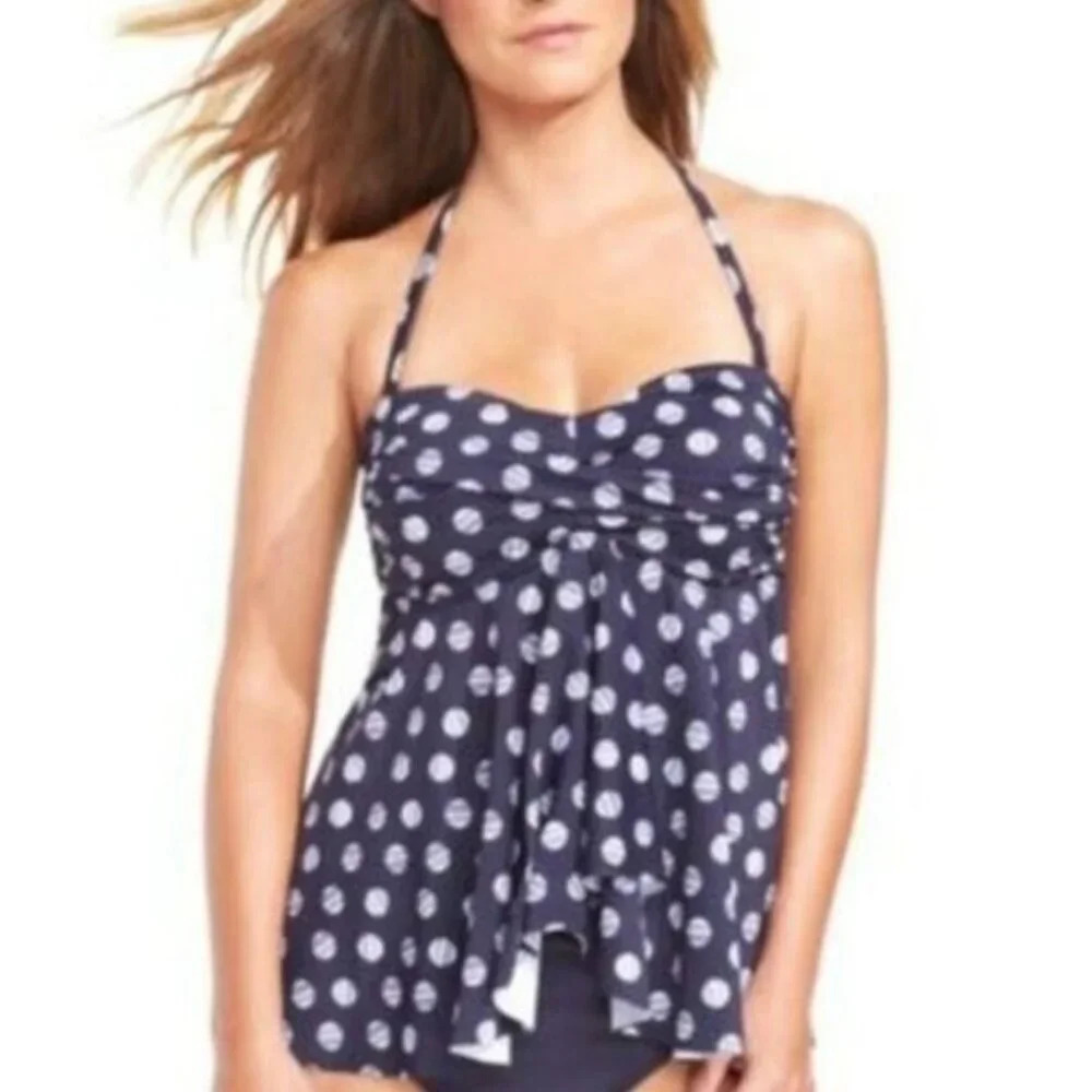 NEW INC 2 Piece Swimsuit Women 14 Navy Blue White Polka Dot Halter Skirt Bottom